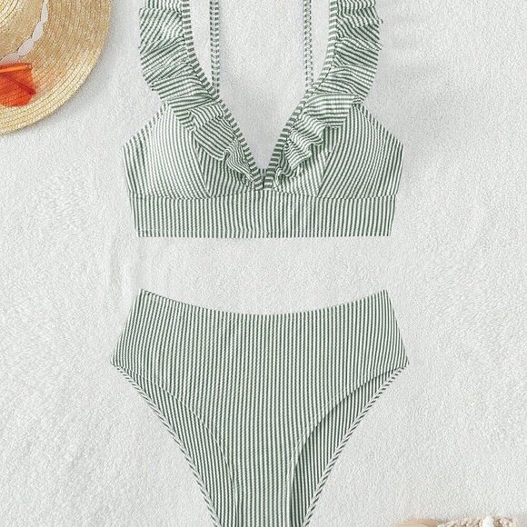Green Women's Swim Summer Beach Striped Ruffle Trim Bikini Swimsuit - Picture 6 of 6